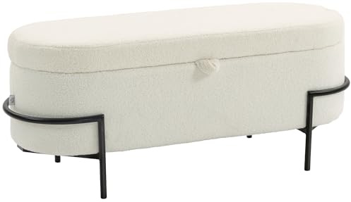 HOMCOM Banc de Rangement en Tissu Bouclette 114,5 x 40 x 48 cm Crème