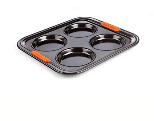 Le Creuset Antihaft Backform für Yorkshire-Pudding, Für 4 Stück (Ø 10 cm), Sauerteigbeständig, Aus Karbonstahl gefertigt, Anthrazit/Orange, 94101200000000