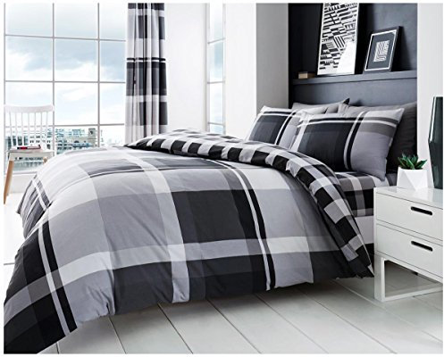 Checkered Duvet Cover Sets, 3 pcs, Soft & Warm Polycotton Printed Bedding Double Bed Set, Grey