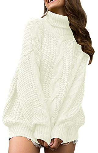Pull Col Roulé Femme Oversize Pulls Femme Pull-Over Tricoté Femme Large Pull Grosse Maille Femmes Pullover Pull Tricot Chandail Manche Longue Grande Taille Hiver Grand Ample Chaud Épais Blanc XL