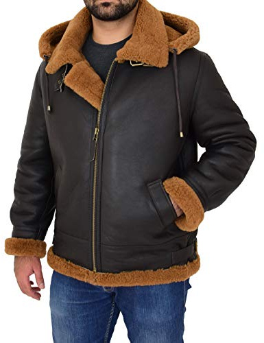 A1 FASHION GOODS Blouson aviateur à capuche en peau de mouton véritable pour homme - Marron roux, Gingembre, L