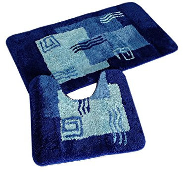 S&S-Shop Badematte Set | Blau | Mailand | mit Ausschnitt | 2 teilig | rutschfest | WC-Vorleger 50 x 45 cm | Badvorleger 50 x 90 cm | Badteppich | Teppich | Bad | Badezimmer