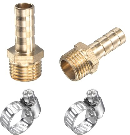 sourcing map Conector de espiga de manguera de latón, recto, 8 mm x G1/4, conector de tubería de rosca macho con abrazadera de manguera, paquete de 2
