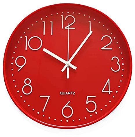 JZK 12 pollici 30 cm Orologio da parete moderno rotondo silenzioso rosso, numero grande, orologio da parete al quarzo senza ticchettio per camera da letto soggiorno ufficio aula cucina