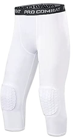 SS COLOR FISH Herren Basketball Leggings mit Knieschützern 3/4 Kompressionsstrumpfhose Hosen Sport Athletic Baselayer, Weiß, Mittel