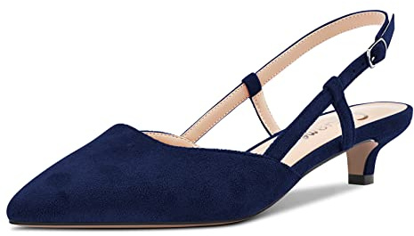 Castamere Femmes Kitten Bas Talon Heel Pointu Bout Escarpins Slingback Classique Dress Bureau Sandales Slip-on 3.5 CM Heels Bleu Marin 43 EU
