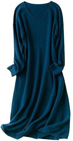 Disimlarl Women's 100% Cashmere Autumn/Winter Knit V-Neck Plus Size Pullover All-Collocation Long Dress Cymbidium XXL