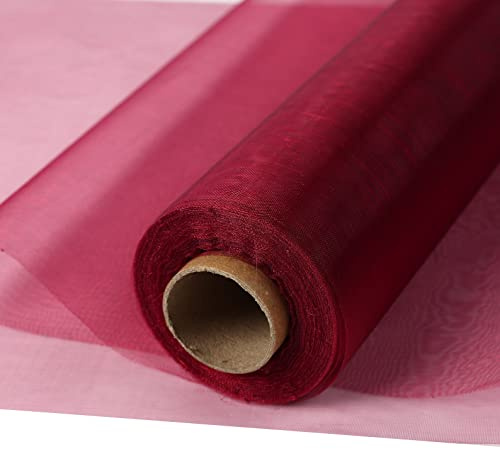 30 m x 30 cm Fabric Table Runner Tulle Roll Organza Transparent Roll of Organza Sheer Fabric Elegant Decorative Cloth for Wedding Chair Table Decoration DIY Crafts (Burgundy)
