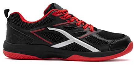 HUNDRED Xoom Non-Marking Professional Badminton Shoes for Men | Material: Faux Leather | Suitable for Indoor Tennis, Squash, Table Tennis, Basketball & Padel (Black/Red, Size: EU 42, UK 8, US 9)