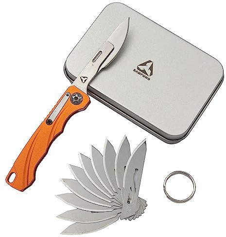SAMFUNG Couteau utilitaire pliant de poche quotidien avec porte-clés et 10 lames remplaçables à changement rapide, Ultra Compact et léger (Orange)