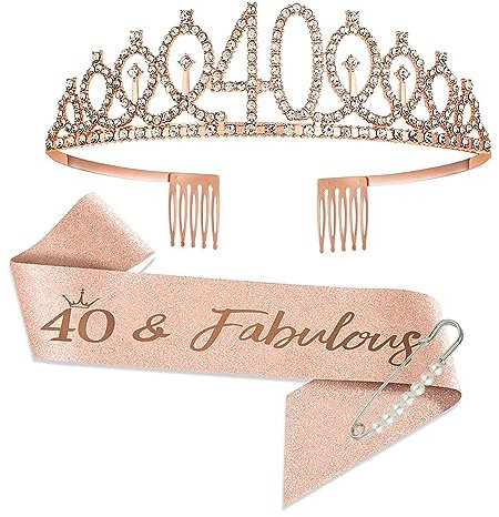 JurciCat 40 anni Compleanno Donna Decorazione Fascia e Tiara Oro Rosa Corona RegaliRegalo 40 anni Donna Per Decorazione Festa di Compleanno