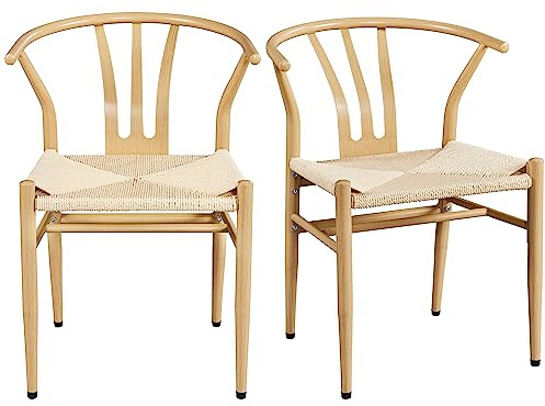 Yaheetech Weave Dining Chair Rattan Chair Metal Armchairs Hemp Seat for Kitchen, Dining, Living Room Set of 2, Wood Color