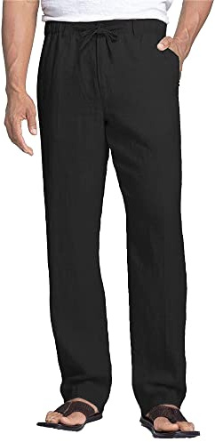NANAMEEI Pantaloni estivi da uomo, in lino, leggeri, senza pieghe, con coulisse, S-3XL, Nero , XL