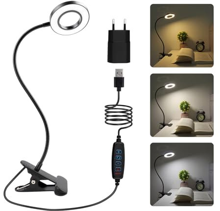 SCNNC 8W USB LED Klemmleuchte Bett mit Stecker und Kabel, 3 Farbtemperatur 10 Dimmstufen, Flexibel Schwanenhals Bettlampe Klemmleuchte, Klemmlampe für Leselampe, Bettlampe, Schminklampe, Schwarz
