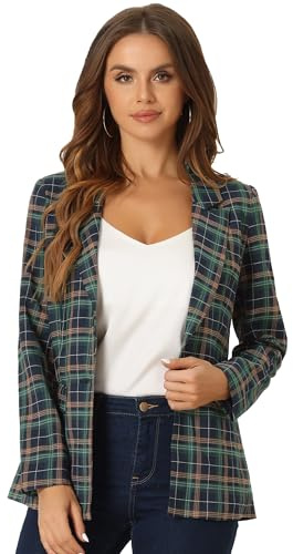 Allegra K Women's Notched Lapel One Button Boyfriend Blazer Suit Houndstooth Work Office Blazers Jacket Small Green Blue