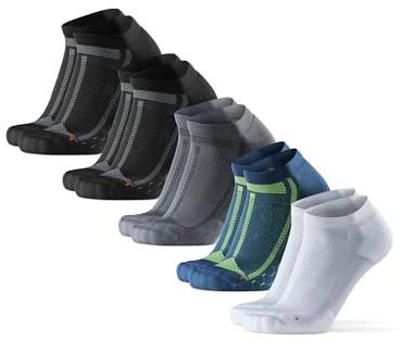 DANISH ENDURANCE Ankle Running Socks, Trainer Socks, Anti Blister, for Sports, Men & Women, Unisex, 5 Pack, Multicolor (2xBlack, 1xBlue/Yellow, 1xGrey, 1xWhite), 6-8