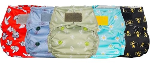 5 Pack Reusable Pocket Nappies with 10 Bamboo & Microfibre Highly Absorbent Inserts, Washable Cloth Diapers Nappy Bundle, Adjustable Popper Closure, Multiple Designs (Nature, Newborn 5-18lbs)
