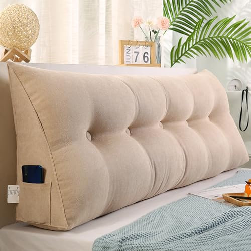 BaoTom Kissen Bett Rückenkissen, Lesekissen für Bett, Rückenlehne Kissen, Rückenpolster Wand Abnehmbar Lendenkissen Werden als Kopfteil, Sofa Rückenkissen Keilkissen mit Seitentasche(Beige,60*50*20cm)