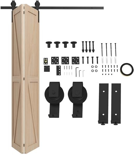 HOMCOM 5FT/152.5CM Bi-Folding Sliding Barn Door Hardware Track Kit, Heavy Duty Sliding Door Kit for 2 Doors with J Shape Hanger