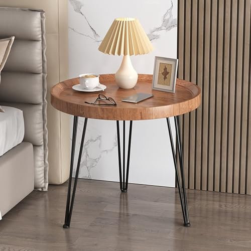 Nordic - Mesa auxiliar redonda industrial con charola con marco de metal, mesa auxiliar de madera para sala de estar, dormitorio, mesa de centro de espacio pequeño, mesita de noche, protección de