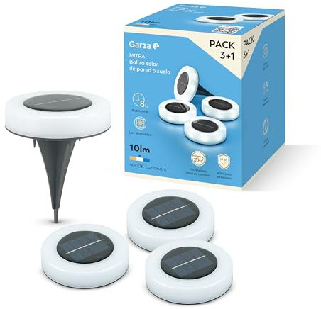 Garza - Pack 3+1 Balizas Solares LED 4000K – Iluminación Decorativa, Sensor Crepuscular, IP65, 8h Autonomía, Instalación en Suelo, Pared o Macetas