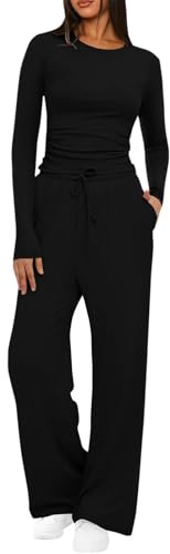 Conjunto deportivo de dos piezas para mujer, camiseta corta elástica de manga larga y cordón de ajuste, cintura elástica, pantalones de pierna ancha, conjuntos de descanso para el año 2000, pantalones