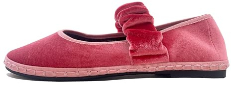 Tracieshoes Women's Velvet Mary Jane Flats Round Toe Ballet Shoes Wide Strap Design with Burgundy Trim Pink Size 9