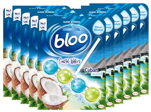 Bloo Toilet Rim Block Coastal Waters Cuban Coconut (50g), Clear Water Toilet Rim Block with Fresh Coconut Scent, with Anti-Limescale Formula, Pack of 10 Rimblocks