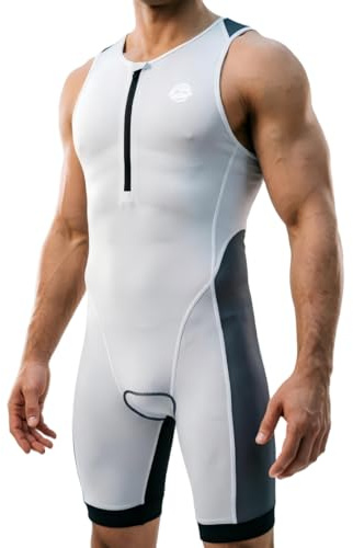 Terradorn Tuta da triathlon da uomo, ad asciugatura rapida, traspirante, con mezza zip e pannelli in rete, per nuoto e corsa, leggera, senza sfregamenti, nero/grigio/bianco, con borsa portaoggetti