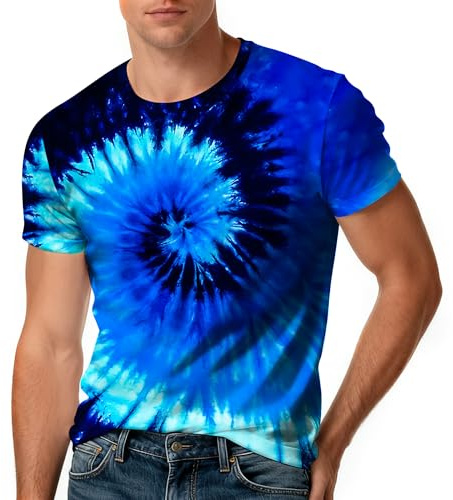 Harycnct Dark Blue Tie Dye Shirts Mens Spiral Neon Tie-Dye Tshirt Outfit 60S 70S Hippies Tiedye Tee Tops Clothes X-Large