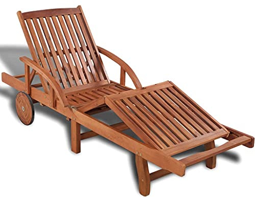 Keeushr Lettino da giardino in legno massello di acacia con tavolo allungabile e schienale regolabile in 5 posizioni, in legno di acacia resistente alle intemperie, con 2 ruote per terrazzo, zona