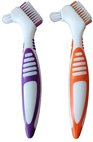 Prothesenbürsten 2-teiliges Set mit Doppelborstenkopf, Prothesen-Reinigungsbürste, mehrschichtige Borsten, Zahnersatzbürste für die Prothesenpflege, zufällige Farbe