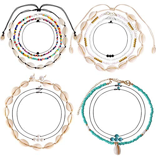 ONESING 14 Pcs Pearl Shell Pendant Necklaces - Natural Shell Choker Set Handmade Summer Hawaii Jewelry - Adjustable for Women
