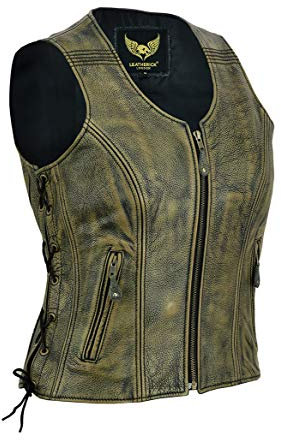 Leatherick Damen Vintage Lederweste der echte spitzenkorn-büffel Leder ärmellose jacke/weste distress braun 3XL (18)