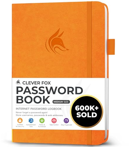 Clever Fox Password Book with alphabetical tabs. Internet Address Organizer Logbook. Medium Password Keeper for Website Logins (Yellow)