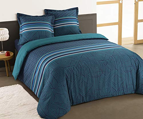 Vision - Parure de lit Marco - 100% Coton - Bleu/Vert - Set de Housse de Couette 240x220 cm avec 2 taies d'oreiller pour lit Standard 2 Personnes - Fibres Naturelles - Certifié Oeko-Tex