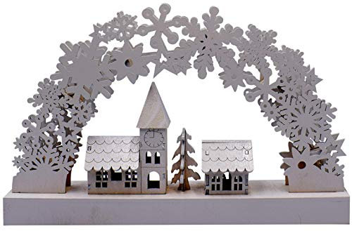 tinsel time LED Wooden Tree Arch Candle Bridge with Christmas Village Scene, with 8 Warm White LEDs, Battery Operated, 32cm