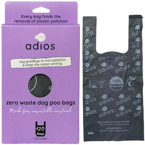 Adios Plastic – komposterbara lösa hundbajspåsar med handtag, 120 st i dispenserbox – grå färg – extra tjock, läckagesäker, luktsäkra avfallspåsar – tillverkad av komposterbar majsstärkelse – lätt att