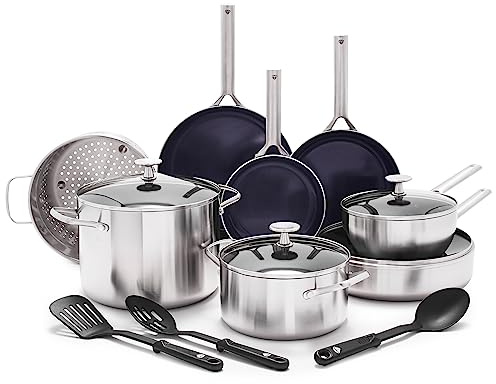 Blue Diamond 15-Piece Tri-Ply Stainless Steel Cookware Set, Healthy Ceramic Nonstick, Induction-Compatible Pots & Pans, PFAS & PFOA-Free, Dishwasher Safe, 600°F Oven Safe, Metal Utensil Safe, Silver