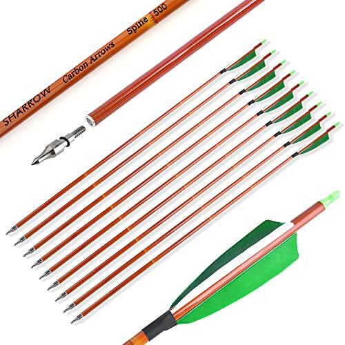 SHARROW 12 Stück Carbonpfeile 30 Zoll Carbon Pfeile mit Naturfedern Kohlenstoff Pfeil Jagdpfeile Bambus Maserung 500 Spine Bogenpfeile für Recurvebogen (Grün)