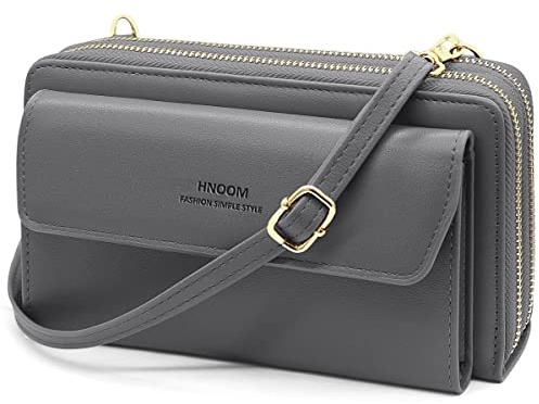 HNOOM Handy Umhängetasche Damen Handytasche zum Umhängen Handy Schultertasche Brieftasche Klein Crossbody Tasche Handy Geldbeutel Geldbörse mit Kartenfächer, Schultergurt (Grau)