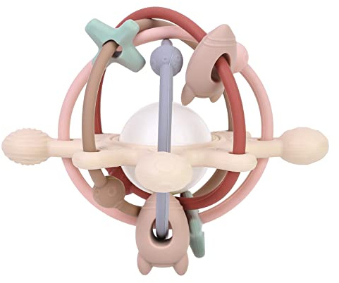 AULEGE Baby Teething Toy for Babies 3-12 Months, Silicone Baby Teether Toys with Rattle, Rattle Sensory Teether Toy, Baby Chew Toys for Teething Relief, BPA Free, Beige