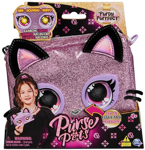 PURSE PETS - SAC POCHETTE CHATON - Sac pour Enfant Chat Format Sac À Main - Animal Animé Chaton Aux Yeux Qui Changent De Couleurs - À L'Epaule Ou Au Poignet - Effets Lumineux - Jouet Enfant 4 Ans Et +