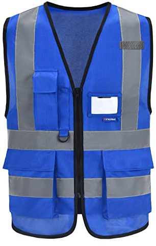 AYKRM 21 Couleurs 7 Poches de Classe 2 Gilet de sécurité Bleu Haute visibilité Devant avec des Bandes réfléchissantes, Unisexe