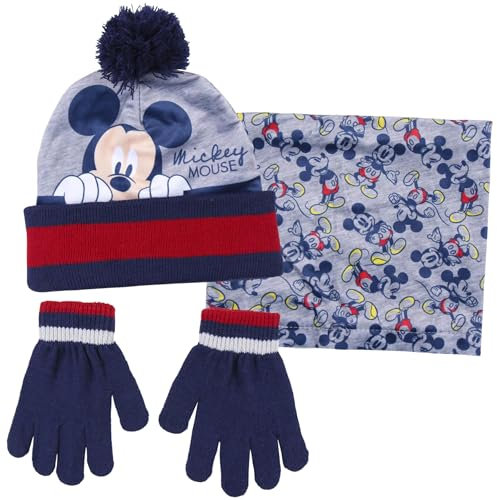 Disney Juego de 3 piezas de gorro + guantes + bufanda de Mickey Mouse para niños, azul / rojo, 2-8 años