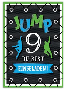 Minkocards 12 Einladungskarten zum 9. Kindergeburtstag Junge Mädchen Jump Trampolin Einladungen neunte Geburtstag