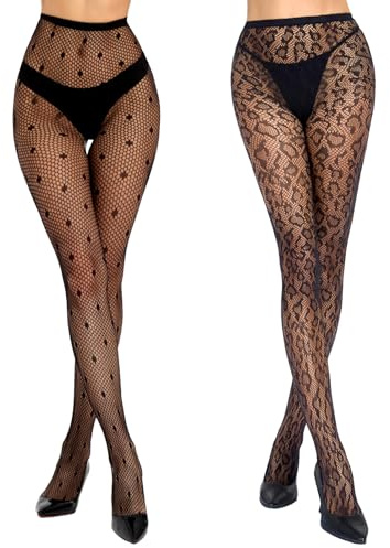 Yilanmy Black Patterned Fishnet Tights for Women Polka Dot Star Leopard Tights Halloween Lace Pantyhose 2 Pairs (Black Leopard+Poka Dots)