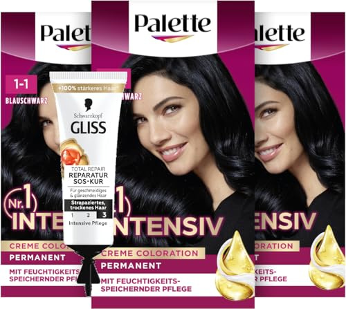 Palette Intensiv Creme Coloration 1-1/909 Blauschwarz (3x 115 ml), permanente Haarfarbe für leuchtende, langanhaltende Farbbrillanz & SOS-Intensiv-Kur Total Repair (15 ml), Haarkur mit Keratin