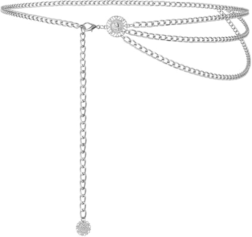 Alaoo Cinturón de Cadena para Mujer,Cinturón de Cadena de Metal Estilo Occidental,Vintage Ajustable Cadena de Cintura del Vientre para Vestidos, Jeans, Accesorios para Mujer,Plata,D,135