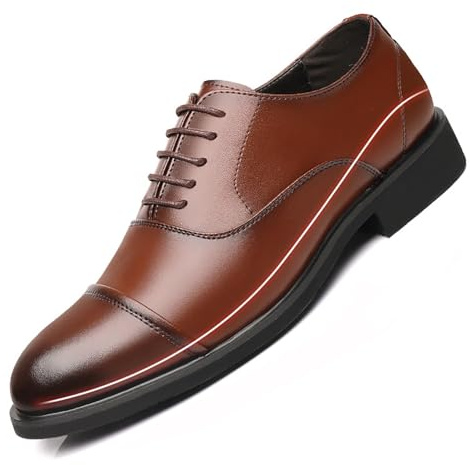 Chaussures habillées rehaussantes for hommes, Oxfords en cuir rehaussant de 6 cm, chaussures d'affaires formelles à bout renforcé et à rehausse invisible(Brown,44 EU)